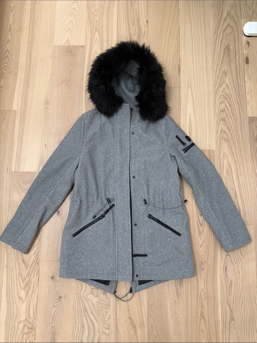 Calvin Klein Gray Hooded Trench Coat with Black Faux Fur Trim